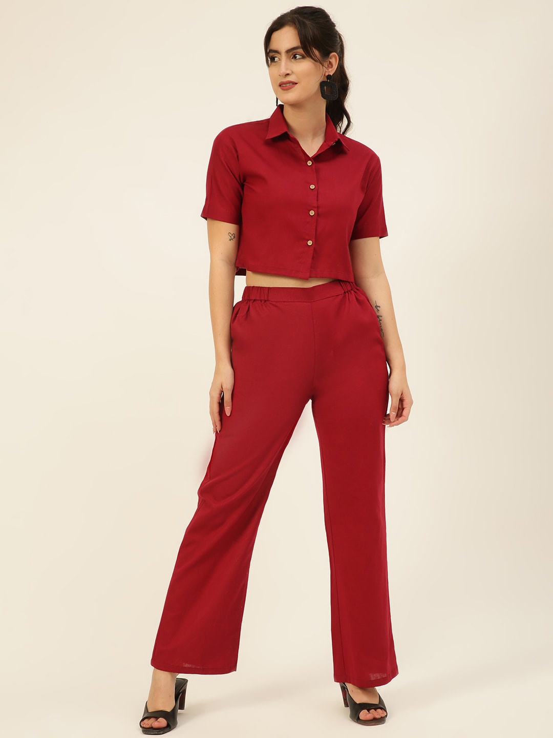 

JAVINISHKA Cotton-Linen Crop Shirt With Trousers, Maroon