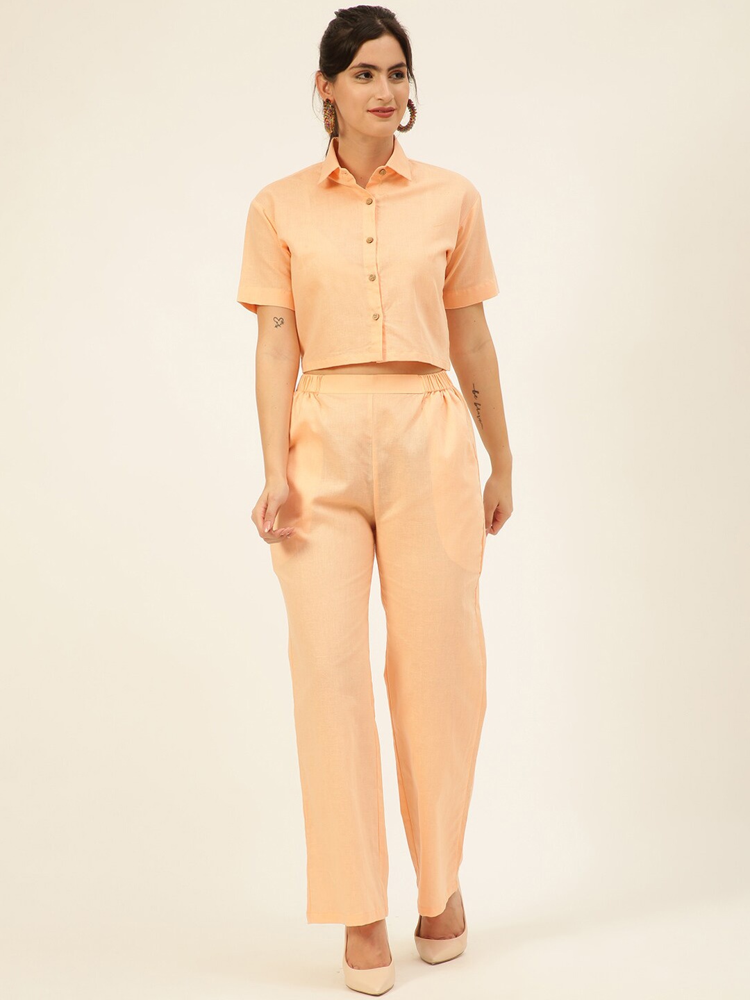 

JAVINISHKA Shirt Collar Neck Shirt & Flared Trouser Co-Ords, Peach