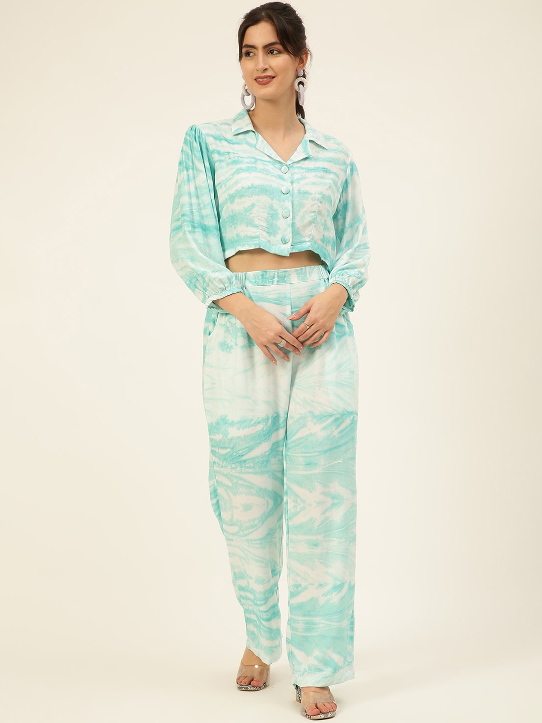 

JAVINISHKA Tie & Dye Crop Shirt With Trousers, Sea green