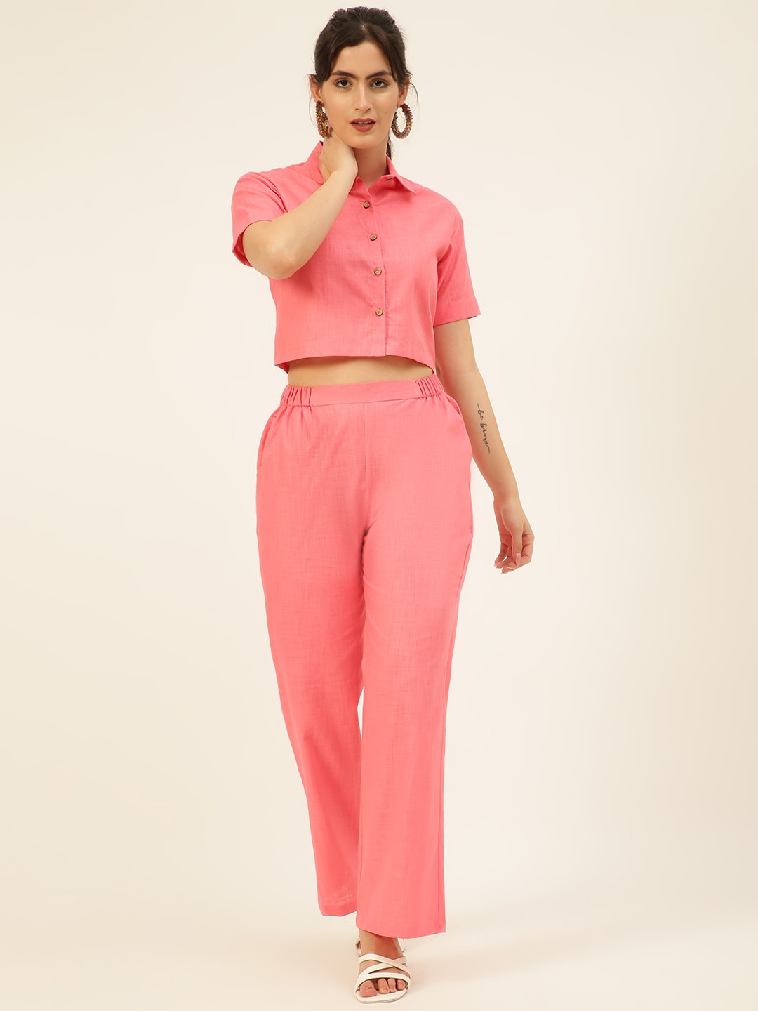 

JAVINISHKA Cotton-Linen Crop Shirt With Trousers, Pink