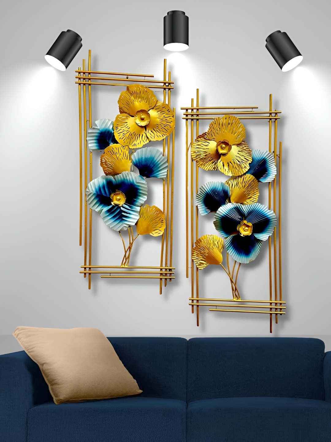 

ANSHIKA INTERNATIONAL Set Of 2 Blue Textured Metal Wall Hanging, Gold