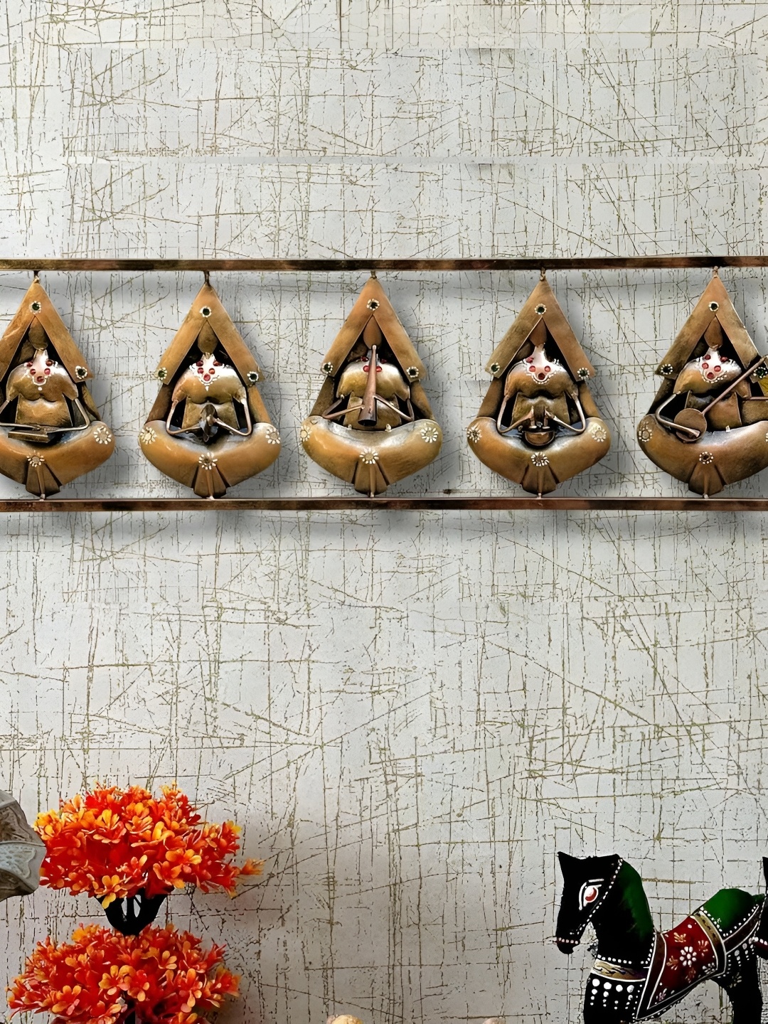 

ANSHIKA INTERNATIONAL Copper Coloured 5 Rajasthani Musician Instruments Wall Decor