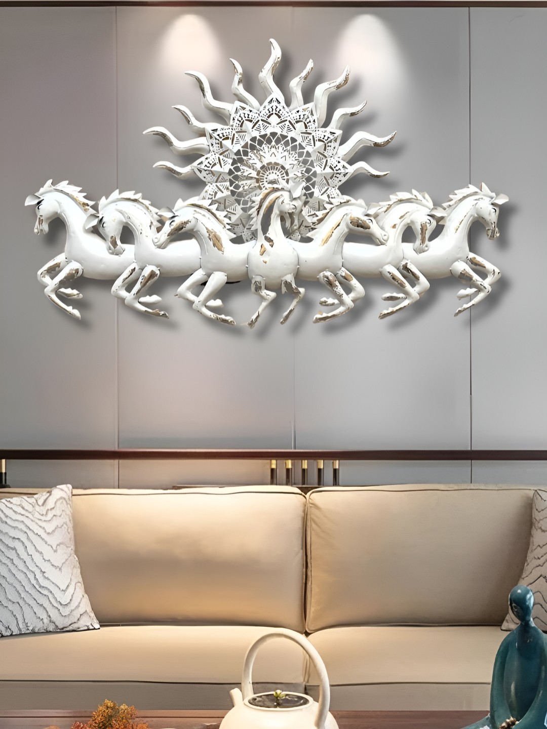 

ANSHIKA INTERNATIONAL White 7 Horses Running With LED Hanging Wall Decor
