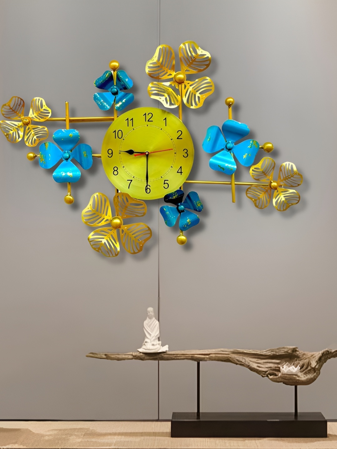 

ANSHIKA INTERNATIONAL Beige & Blue Flower Clock Hanging Wall Decor