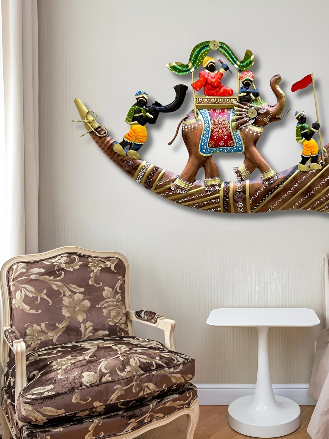 

ANSHIKA INTERNATIONAL Green & Brown Rajasthani Hathi Baarat-Design Metal Wall Hanging