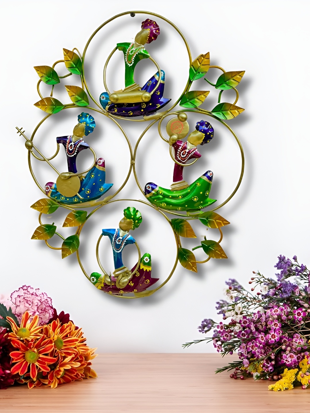 

ANSHIKA INTERNATIONAL Beige & Green Rajasthani Musician Doll-Design Metal Wall Hanging