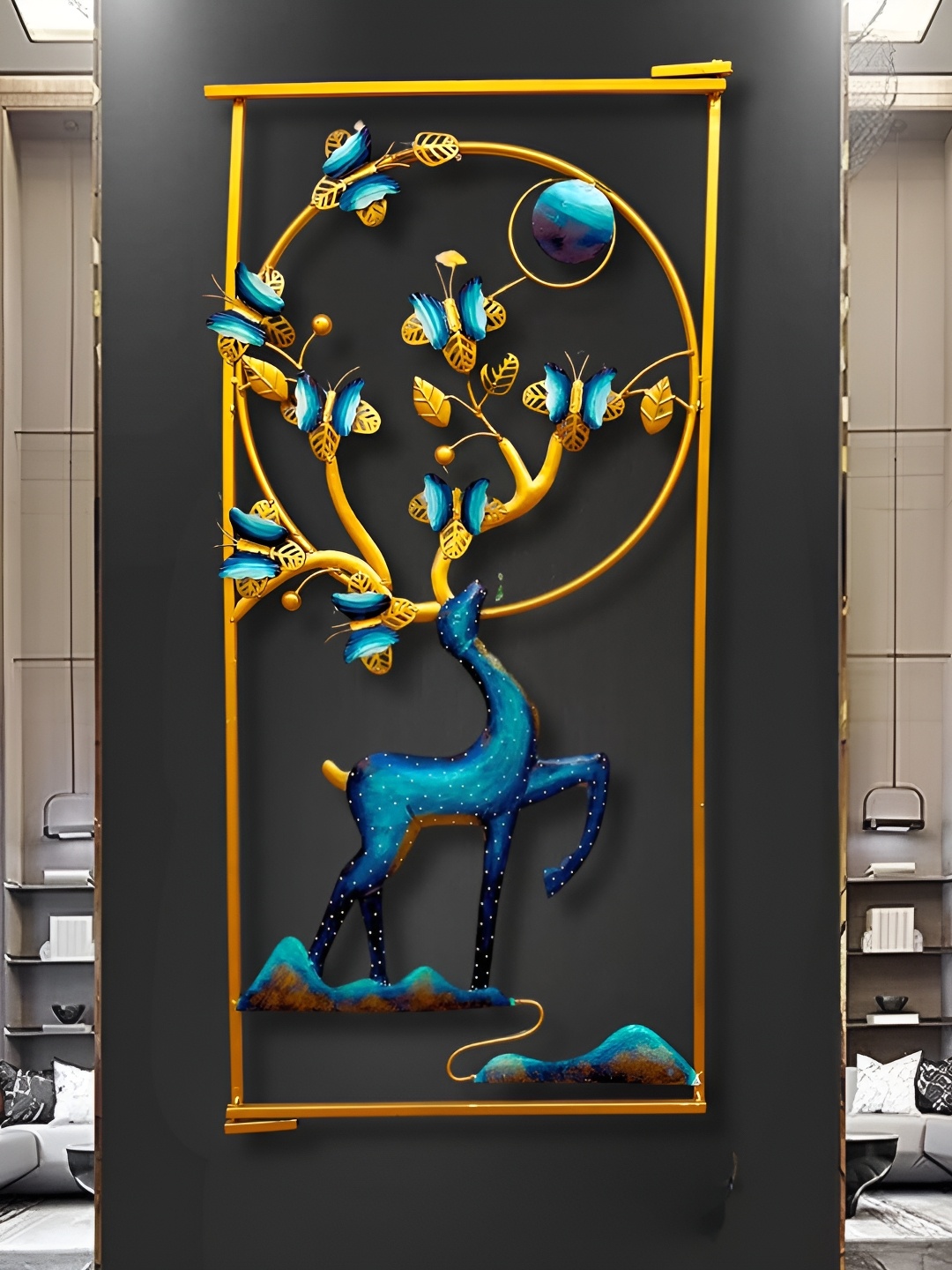 

ANSHIKA INTERNATIONAL Blue Deer & Butterfly Metal Wall Hanging