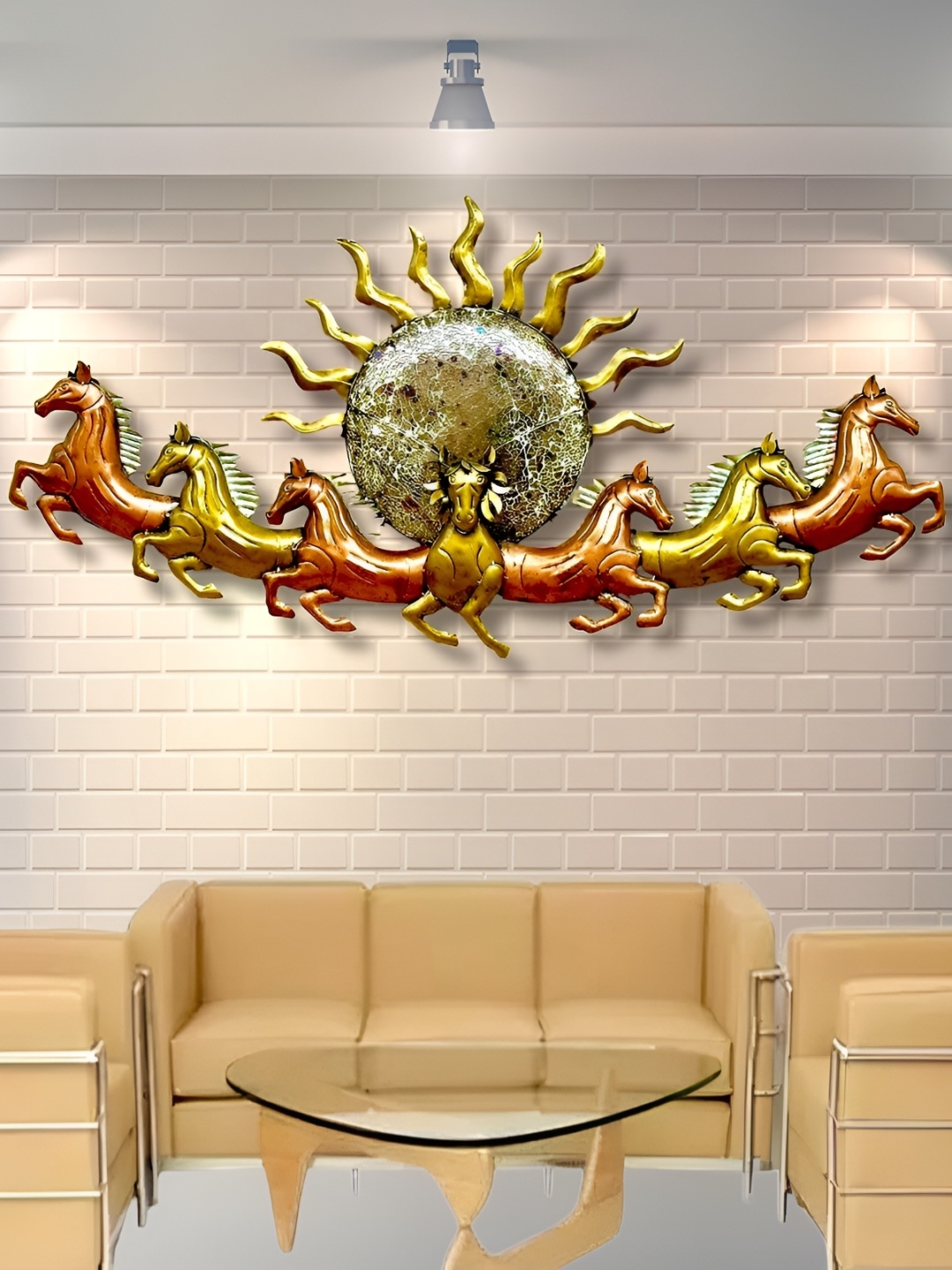 

ANSHIKA INTERNATIONAL Brown 7 Horse Running With LED Light Wall Hanging, Gold