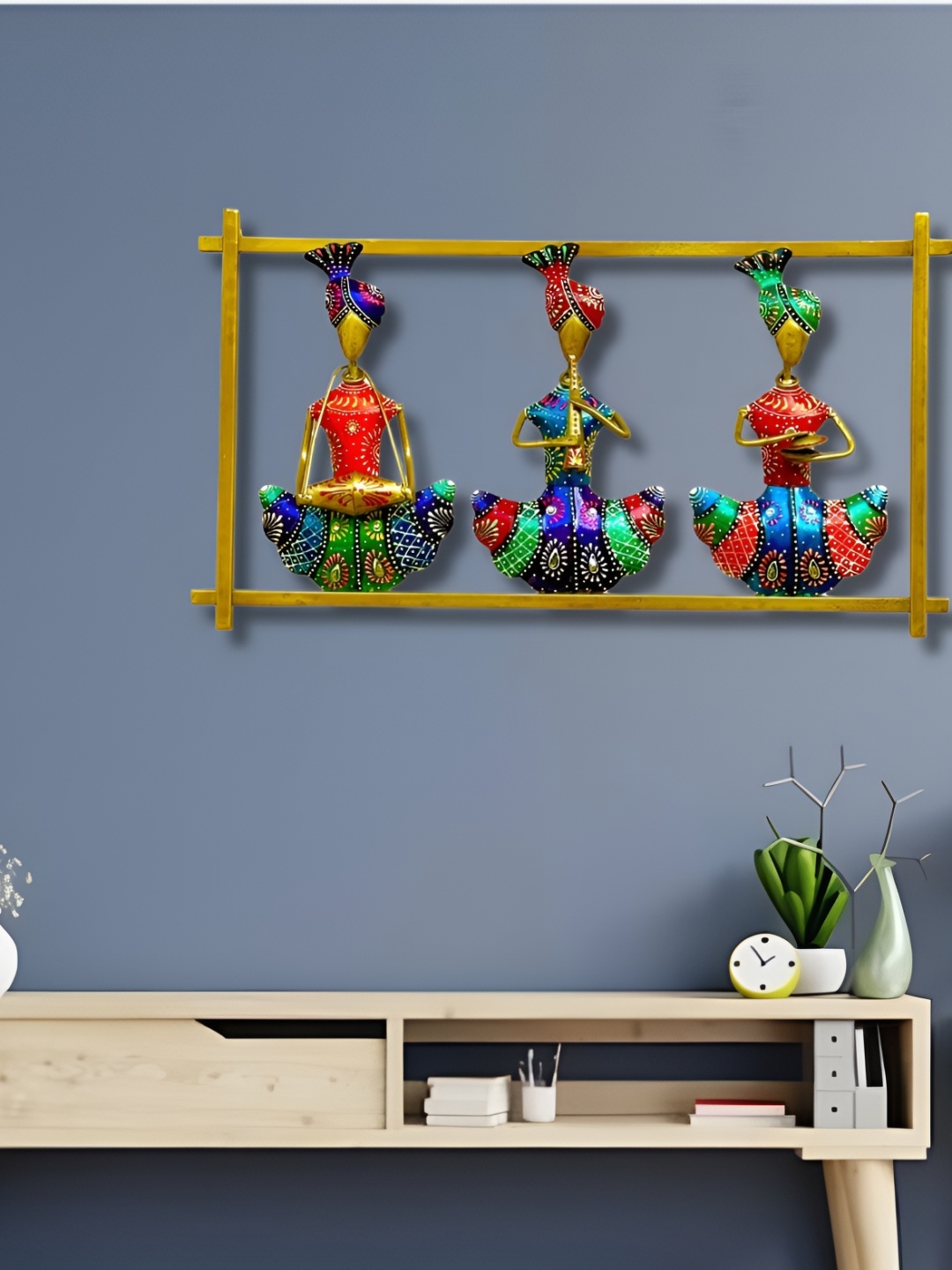 

ANSHIKA INTERNATIONAL Blue 3 Pieces Textured Rajasthani Musicians Hanging Wall Decor, Gold