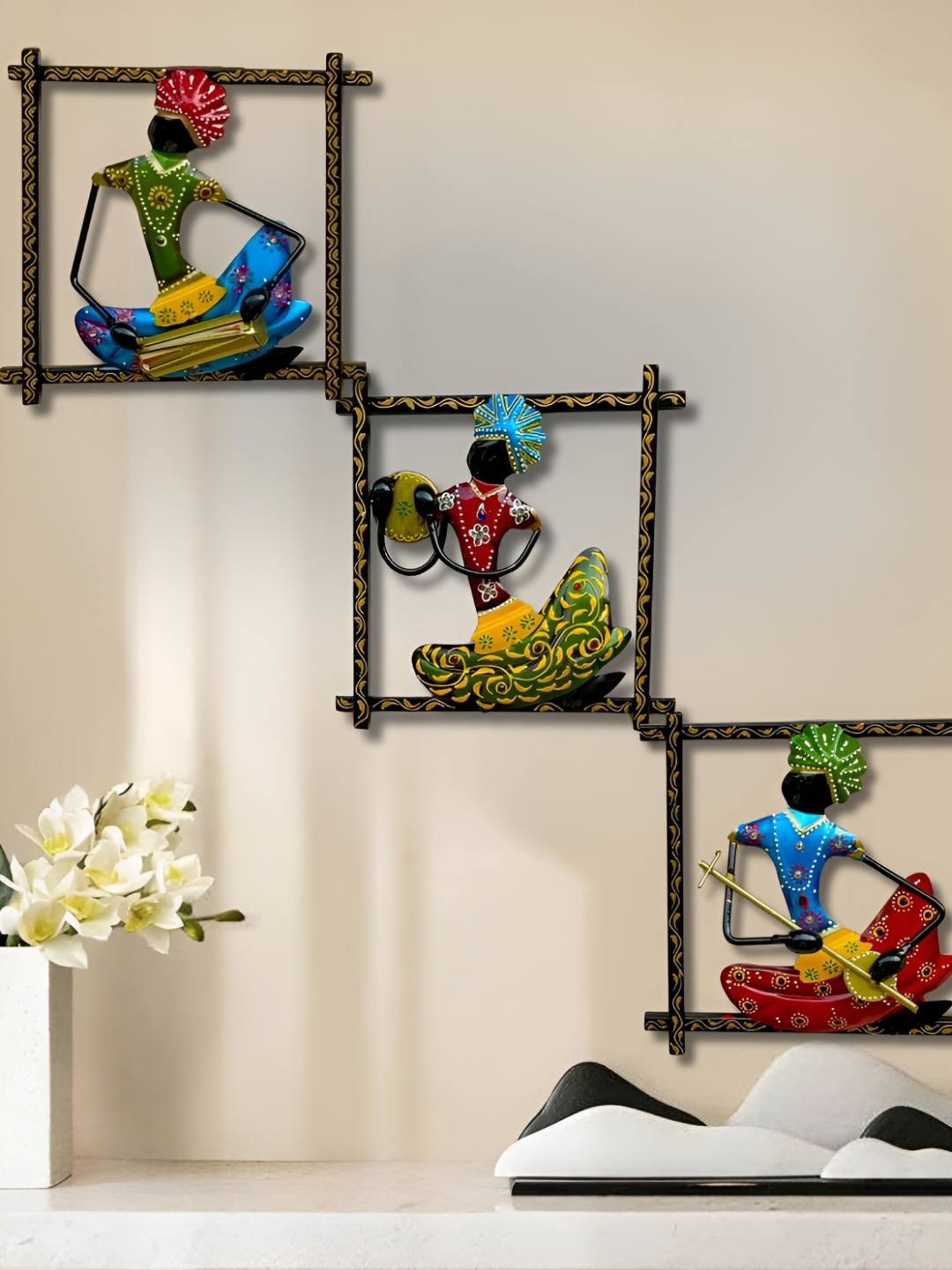 

ANSHIKA INTERNATIONAL Black & Red 3 Pieces Textured Metal Rajasthani Musicians Wall Decor