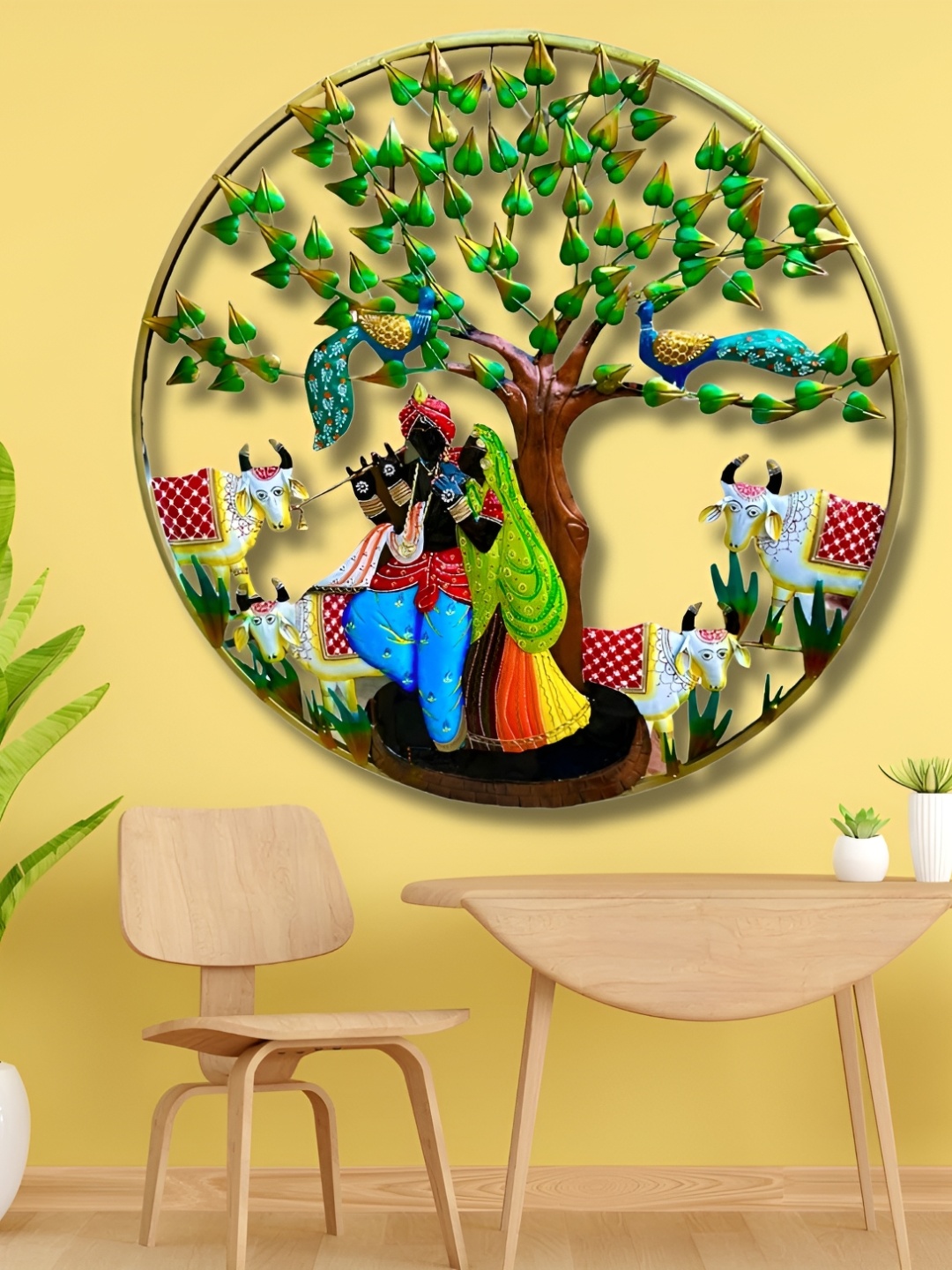 

ANSHIKA INTERNATIONAL Green & Blue Radha Krishna Cow With Led Wall Decor