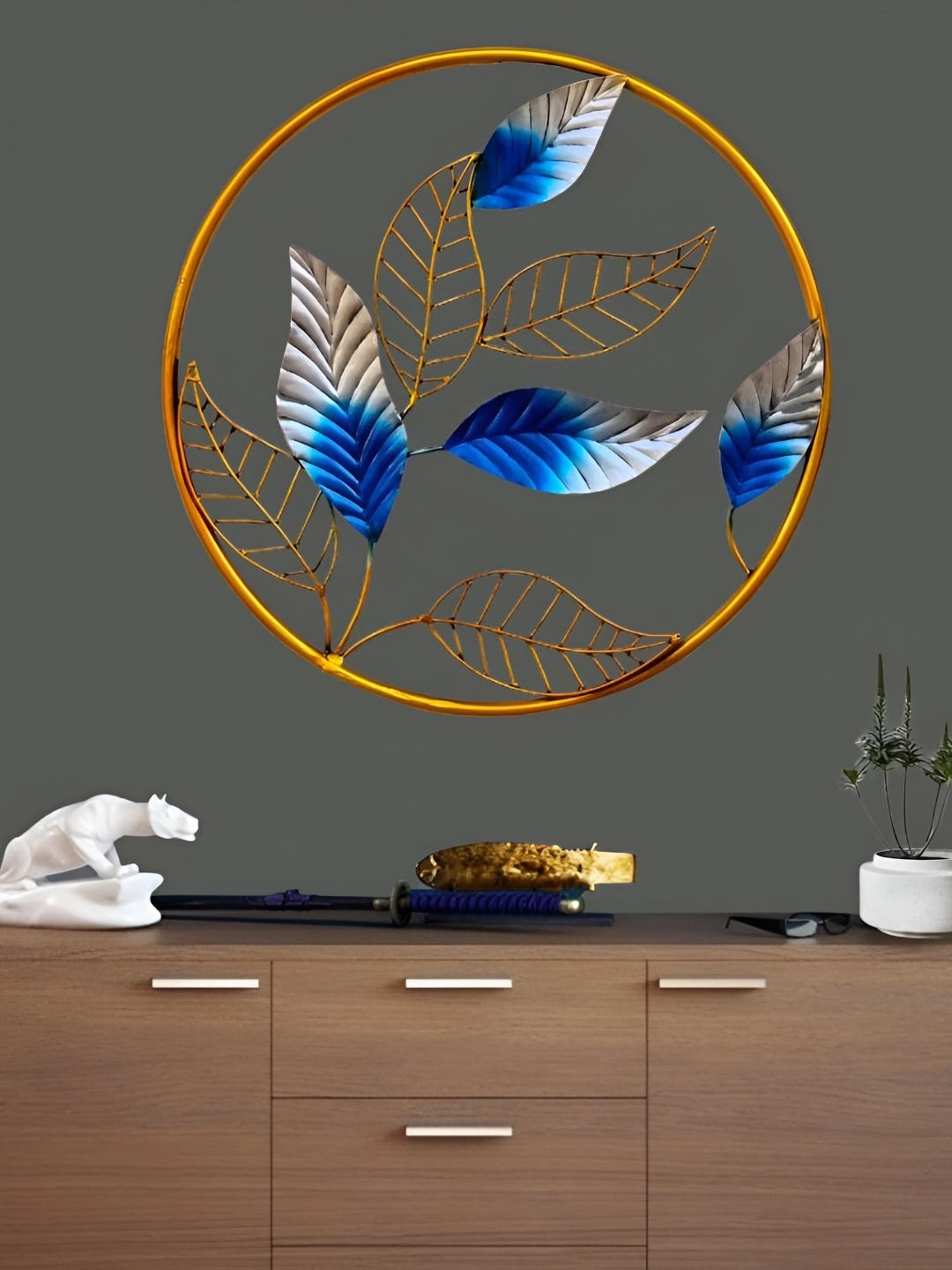 

ANSHIKA INTERNATIONAL Beige & Blue Leaf Round Hanging Wall Decor