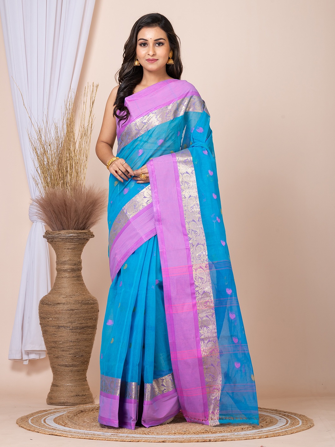 

Laa Calcutta Ethnic Motifs Zari Pure Cotton Taant Saree, Blue