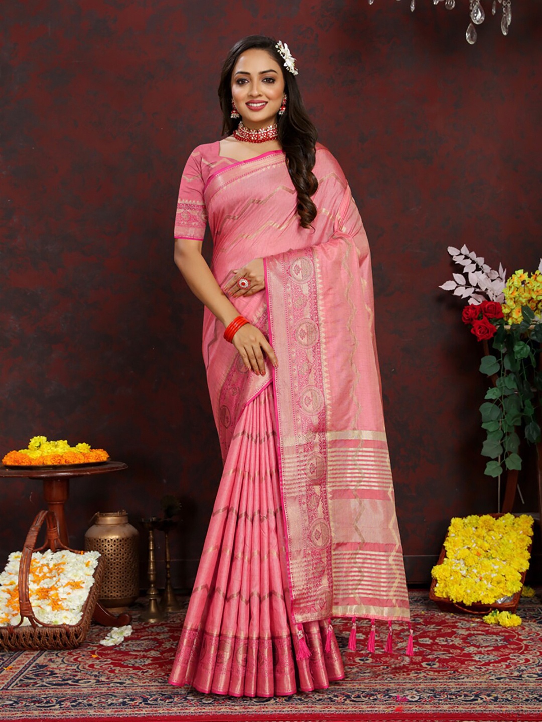 

KALINI Woven Design Zari Art Silk Banarasi Saree, Pink