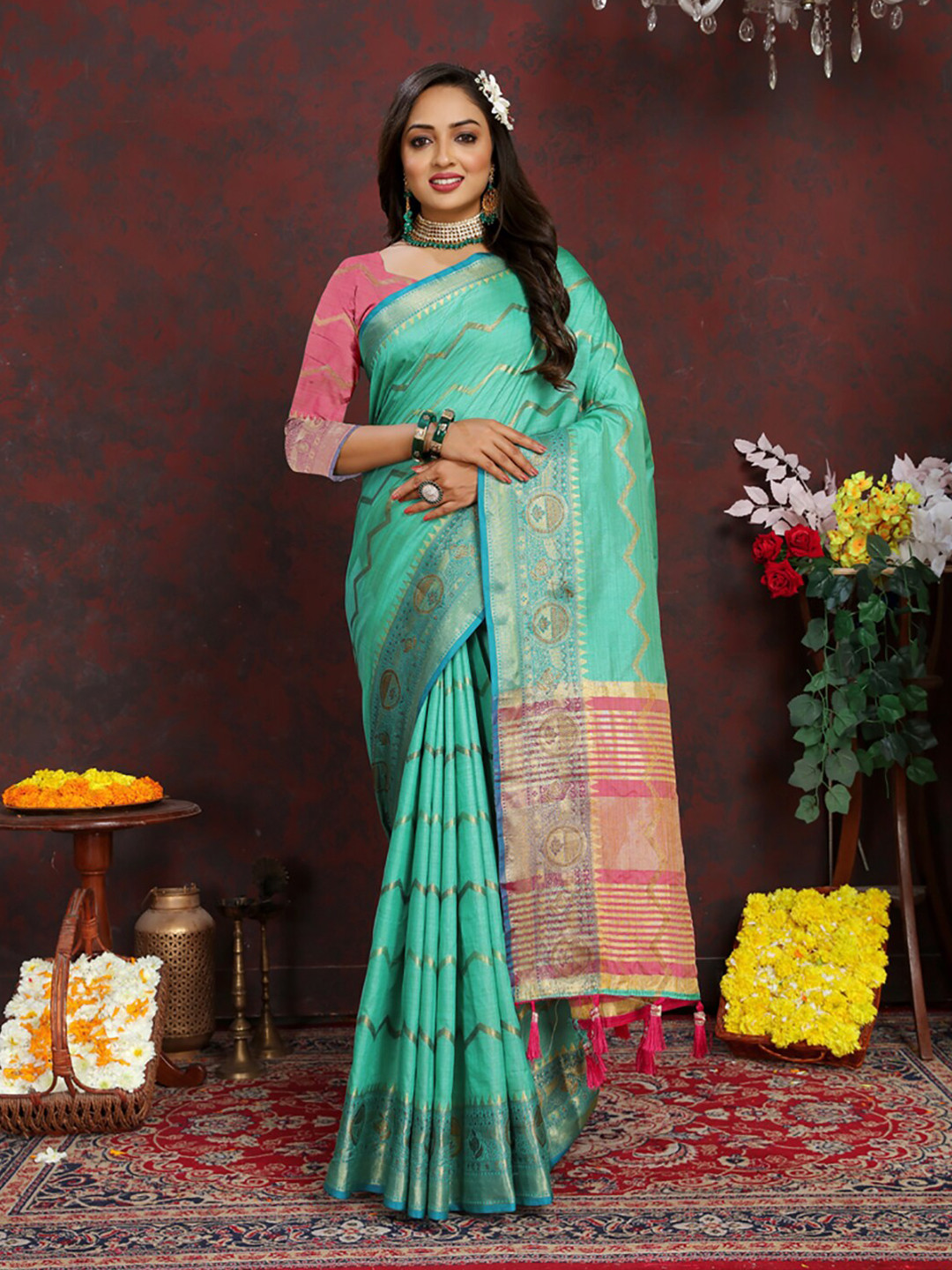 

KALINI Woven Design Zari Art Silk Banarasi Saree, Sea green