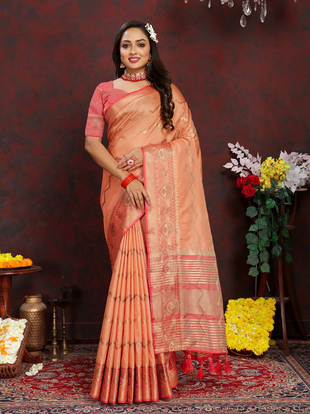 

KALINI Woven Design Zari Art Silk Banarasi Saree, Orange