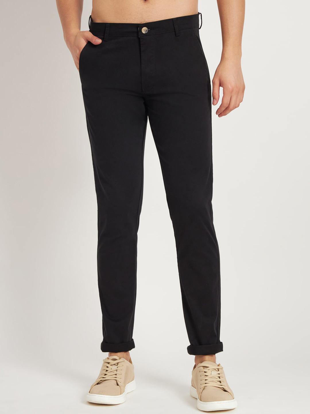 

RAGZO Men Slim Fit Low-Rise Cotton Trousers, Black