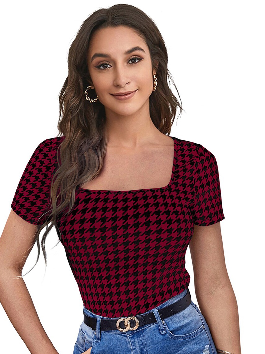 

BAESD Abstract Printed Cotton Square Neck Short Sleeves Casual Top, Maroon