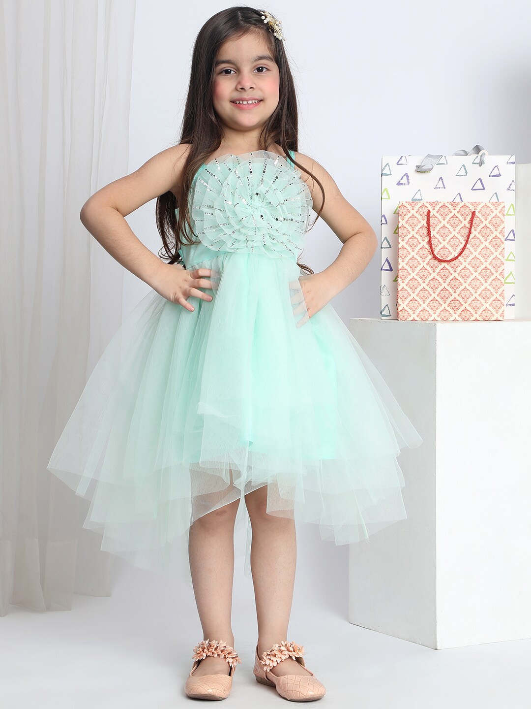 

Toy Balloon kids Girls Embellished Applique Fit & Flare Dress, Sea green