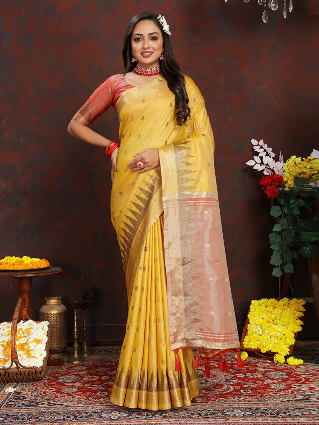 

KALINI Ethnic Motifs Woven Design Zari Art Silk Banarasi Saree, Yellow