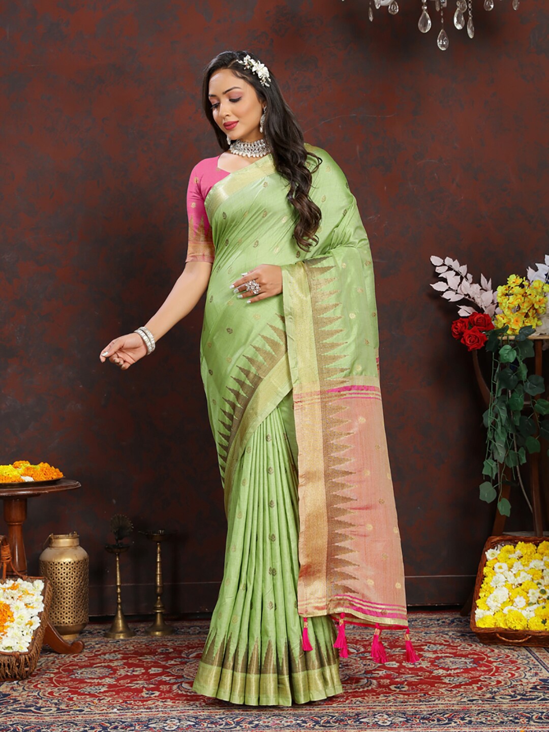 

KALINI Ethnic Motifs Woven Design Zari Banarasi Saree, Lime green