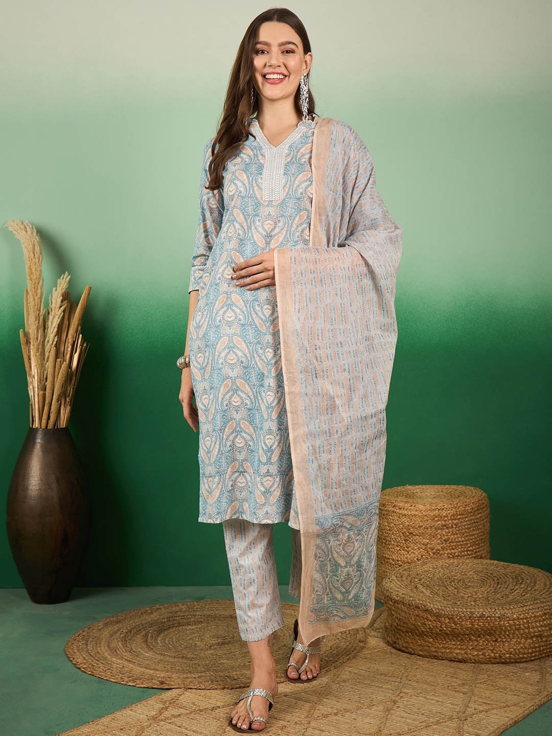 

Sangria Blue Printed & Embroidered Pure Cotton Straight Kurta With Trouser & Dupatta Set