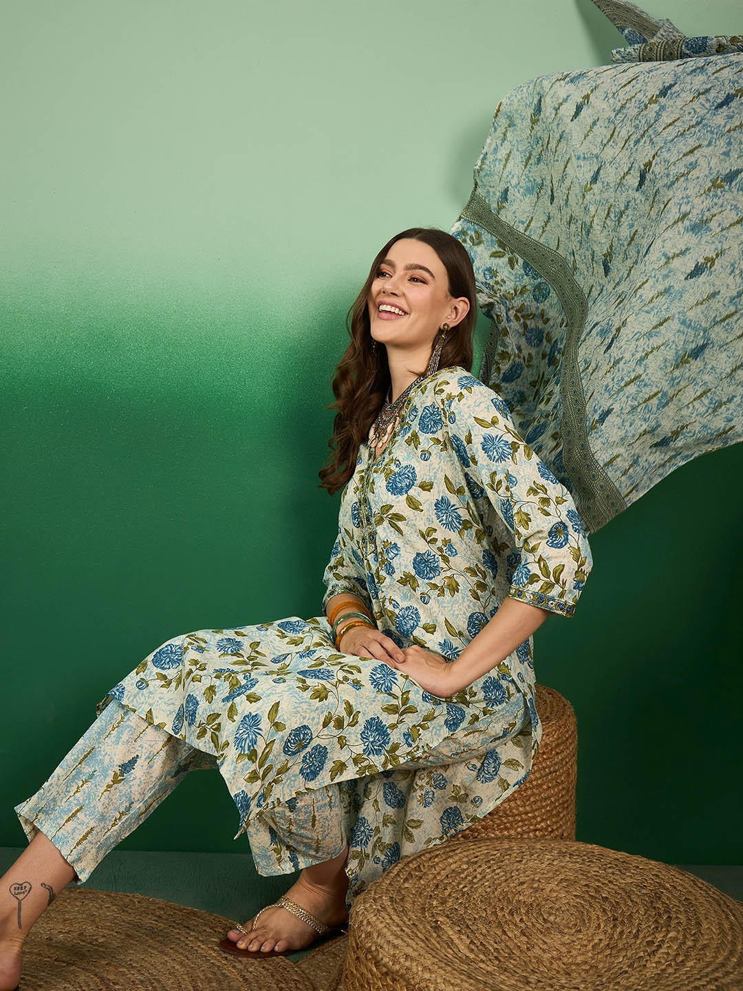 

Sangria Floral Printed & Embroidered Pure Cotton Straight Kurta With Trouser & Dupatta, Blue