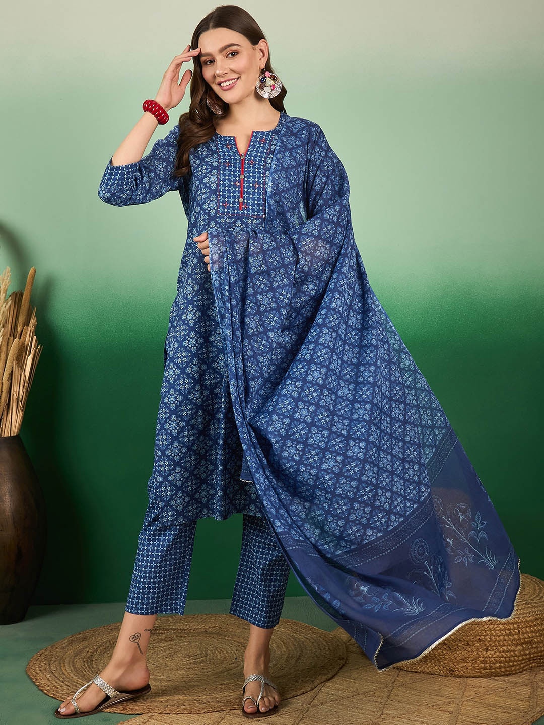 

Sangria Floral Printed & Embroidered Pure Cotton Straight Kurta With Trouser & Dupatta Set, Blue