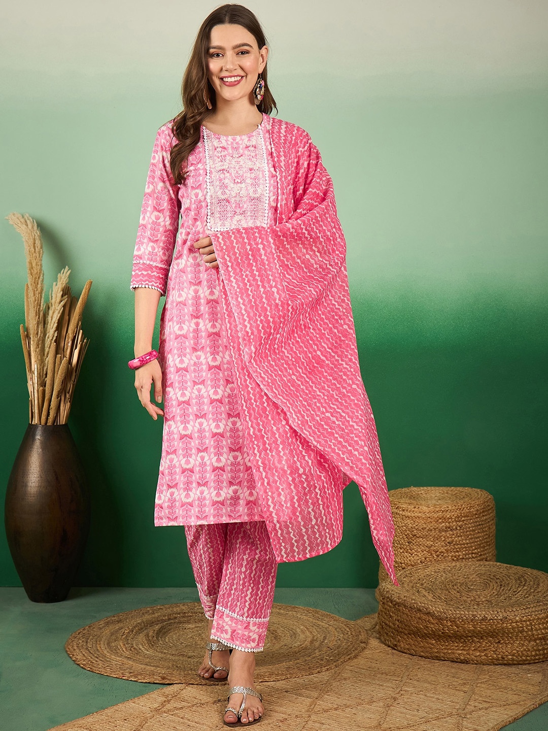 

Sangria Floral Printed Embroidered Pure Cotton Straight Kurta With Trouser & Dupatta, Pink