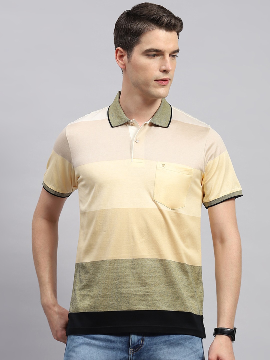 

Monte Carlo Colourblocked Polo Collar Cotton T-shirt, Beige