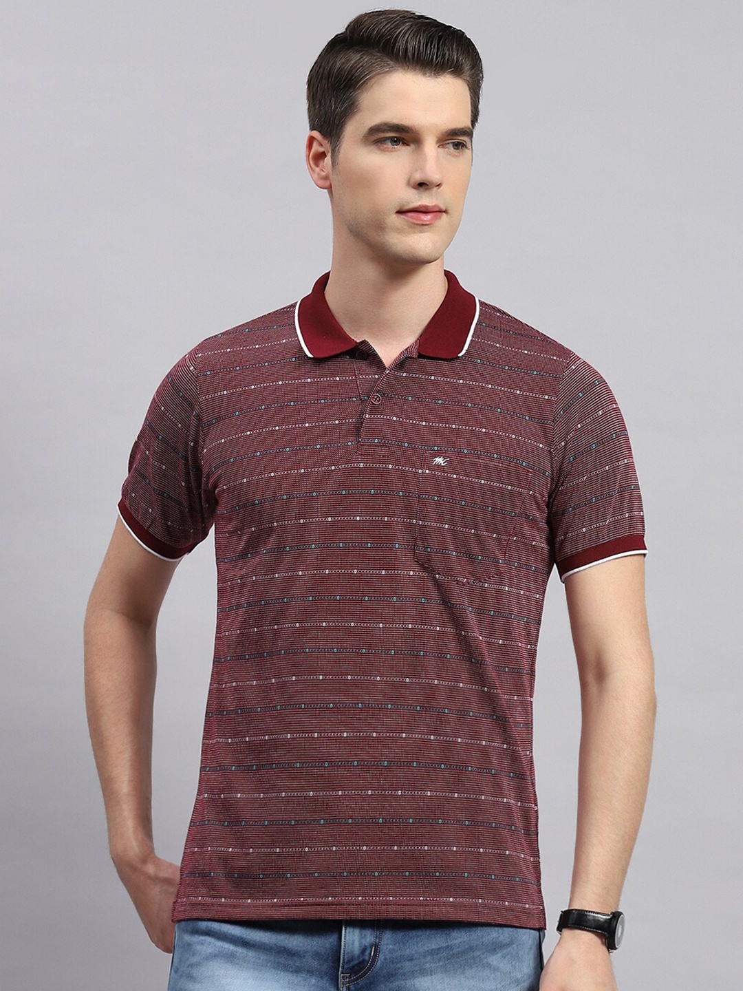 

Monte Carlo Striped Polo Collar Cotton T-shirt, Maroon