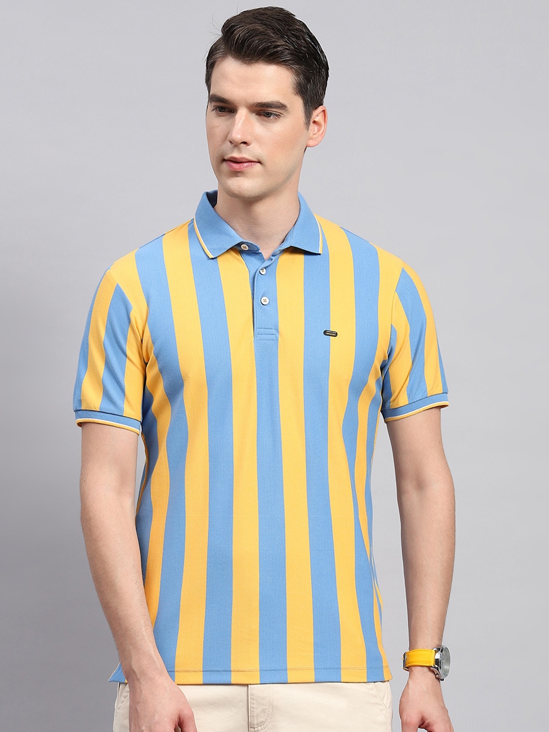 

Monte Carlo Striped Polo Collar Cotton T-shirt, Yellow