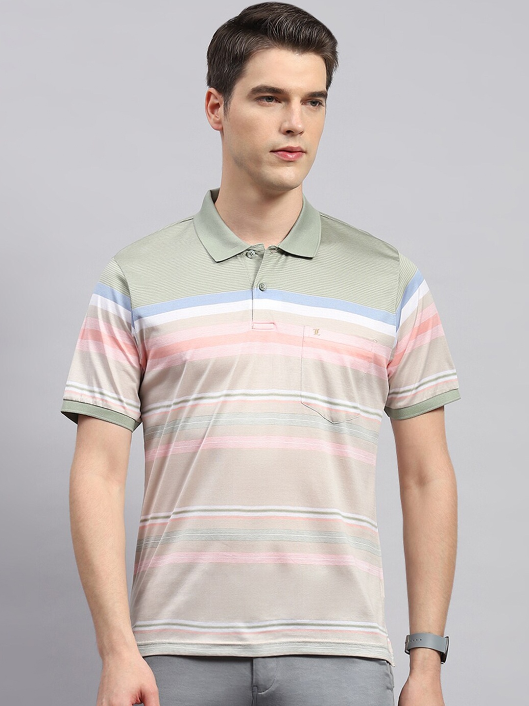 

Monte Carlo Striped Polo Collar Cotton T-shirt, Green