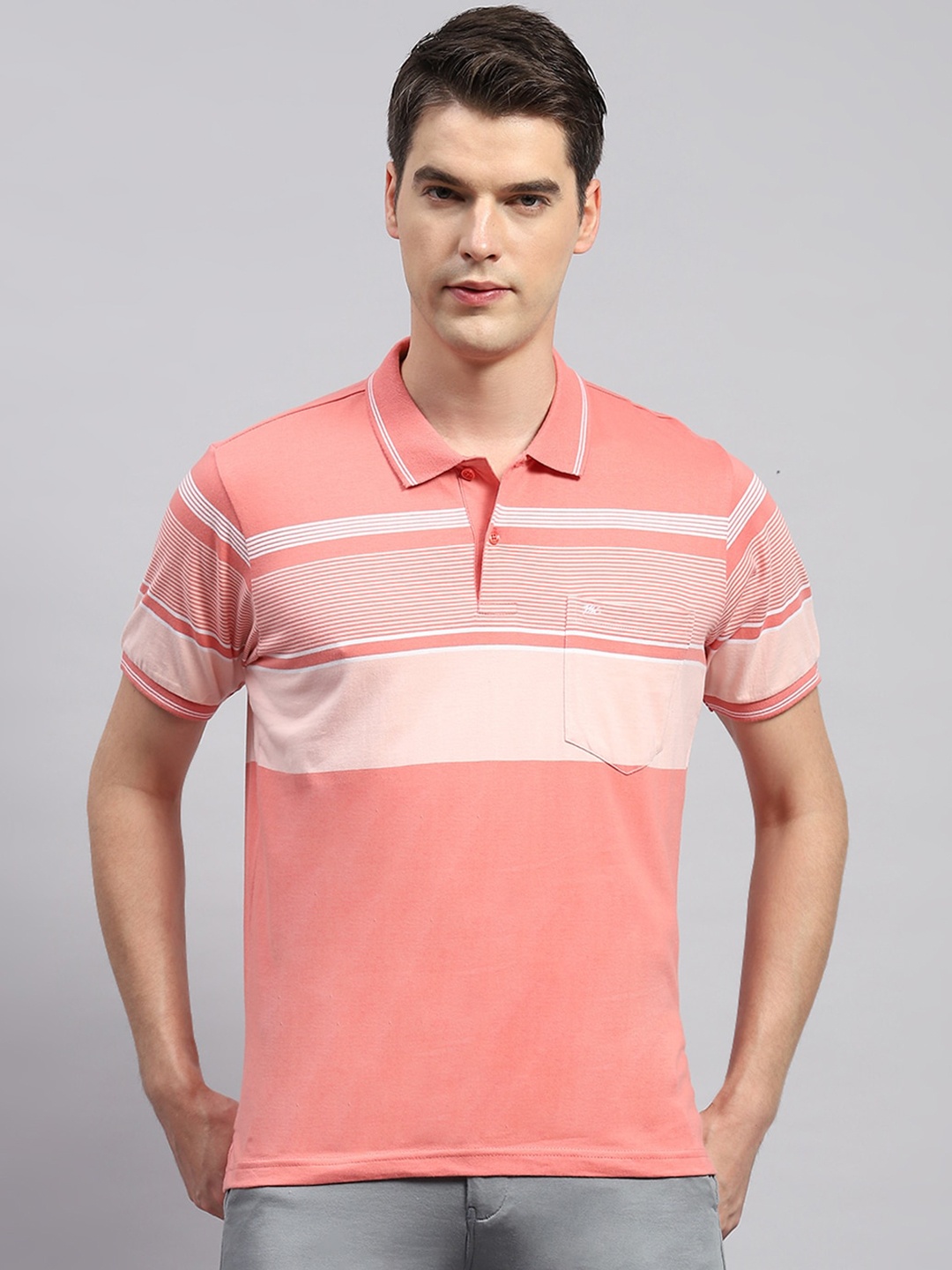 

Monte Carlo Striped Polo Collar Cotton T-shirt, Pink