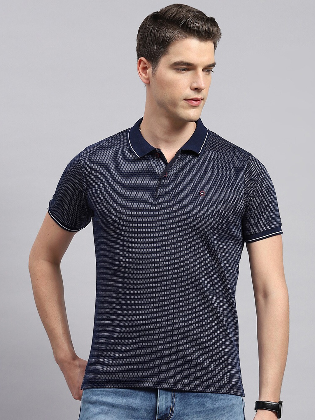

Monte Carlo Geometric Printed Polo Collar Cotton T-shirt, Navy blue