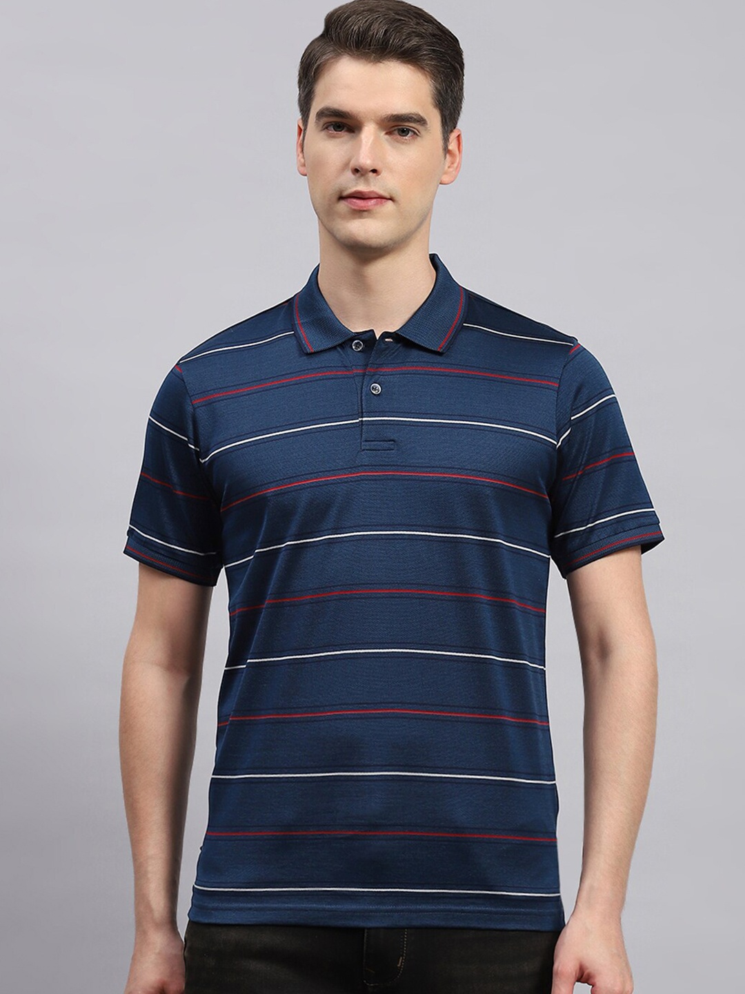 

Monte Carlo Striped Polo Collar Cotton T-shirt, Blue