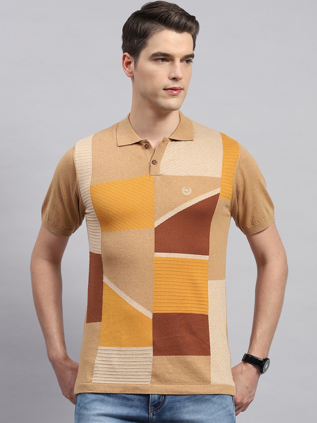 

Monte Carlo Geometric Printed Polo Collar Cotton T-shirt, Brown