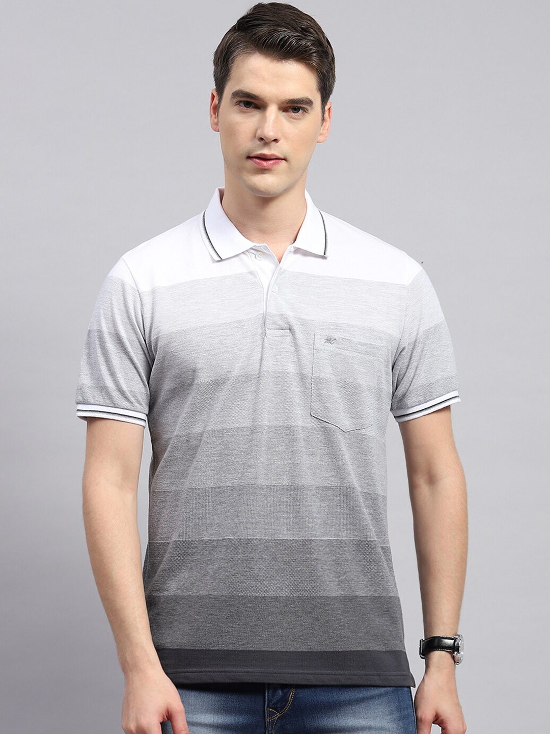 

Monte Carlo Striped Polo Collar Cotton T-shirt, Grey