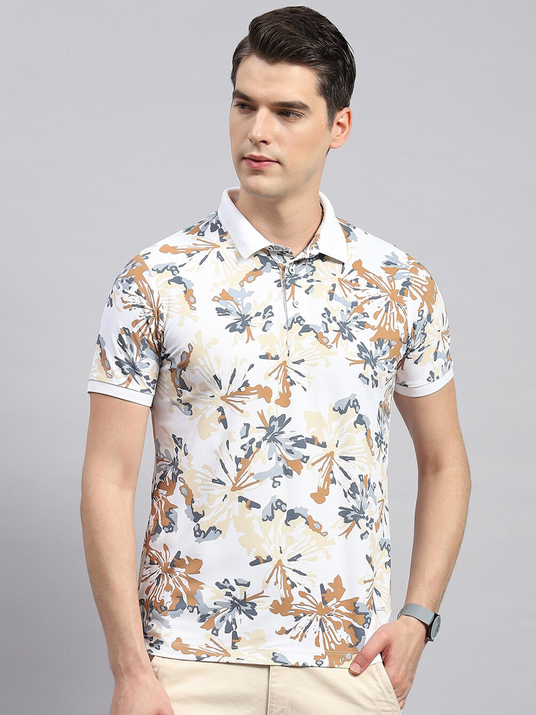 

Monte Carlo Floral Printed Polo Collar Cotton T-shirt, White