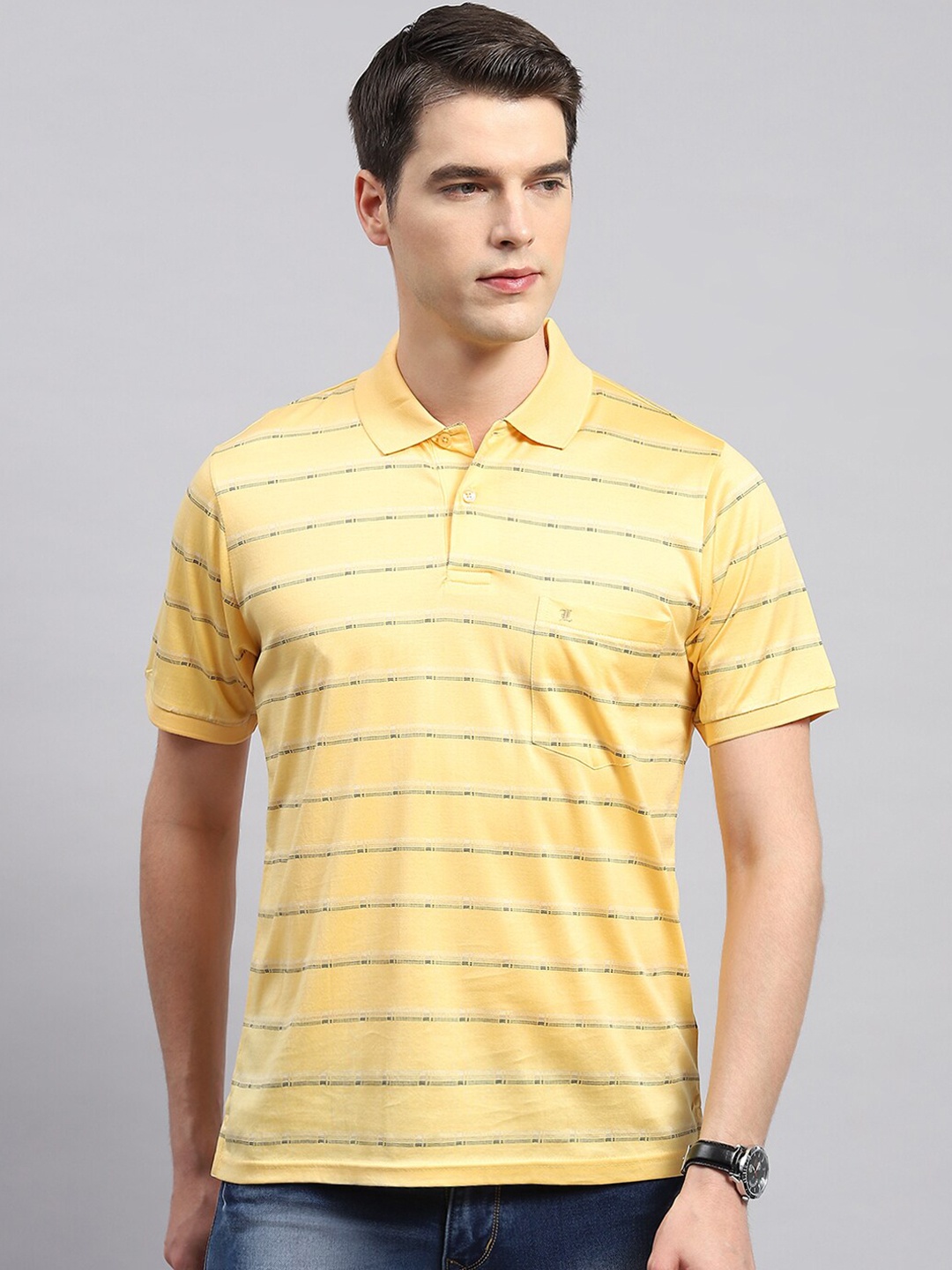 

Monte Carlo Striped Polo Collar Cotton T-shirt, Yellow