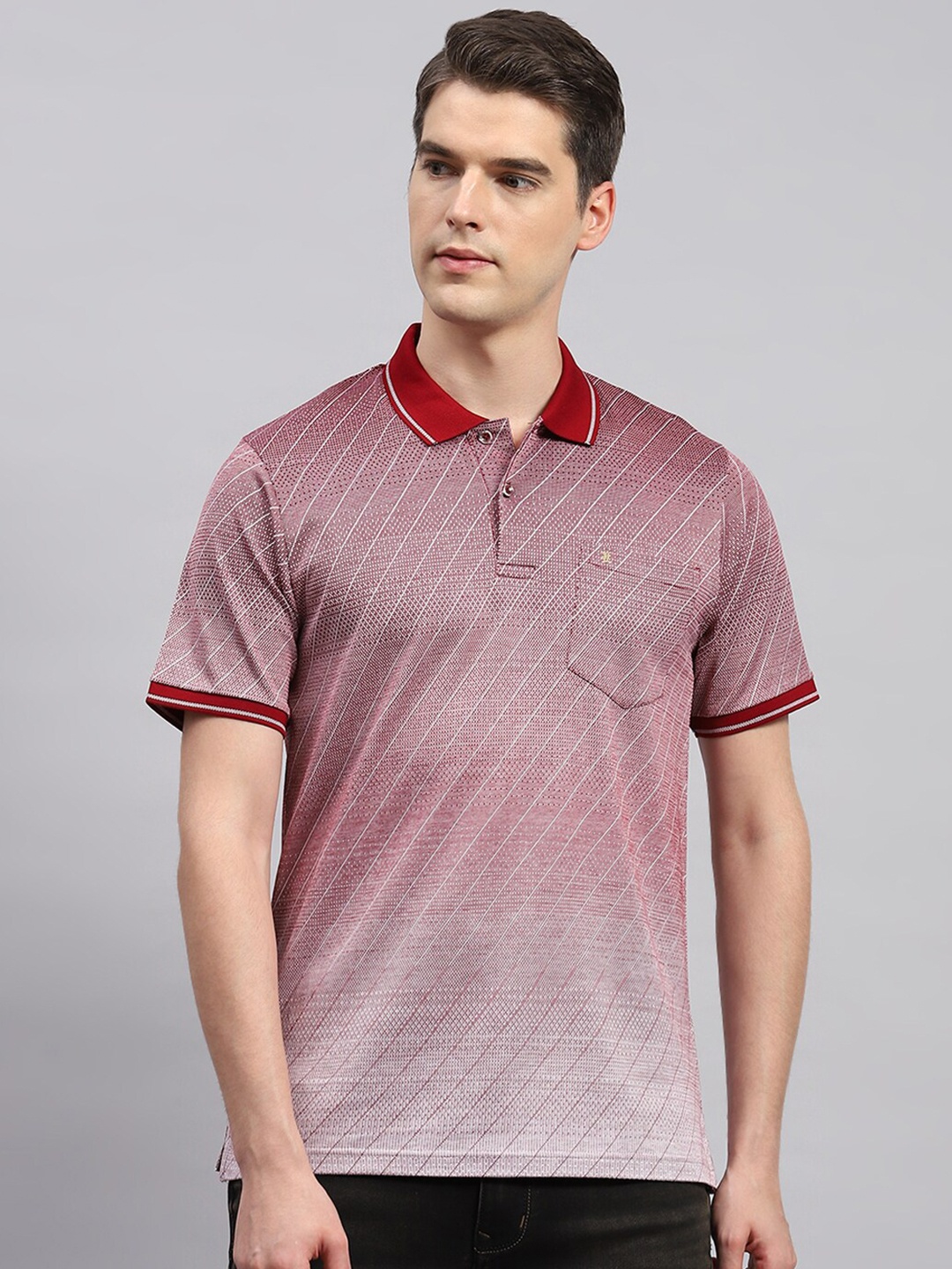 

Monte Carlo Striped Polo Collar Cotton T-shirt, Maroon