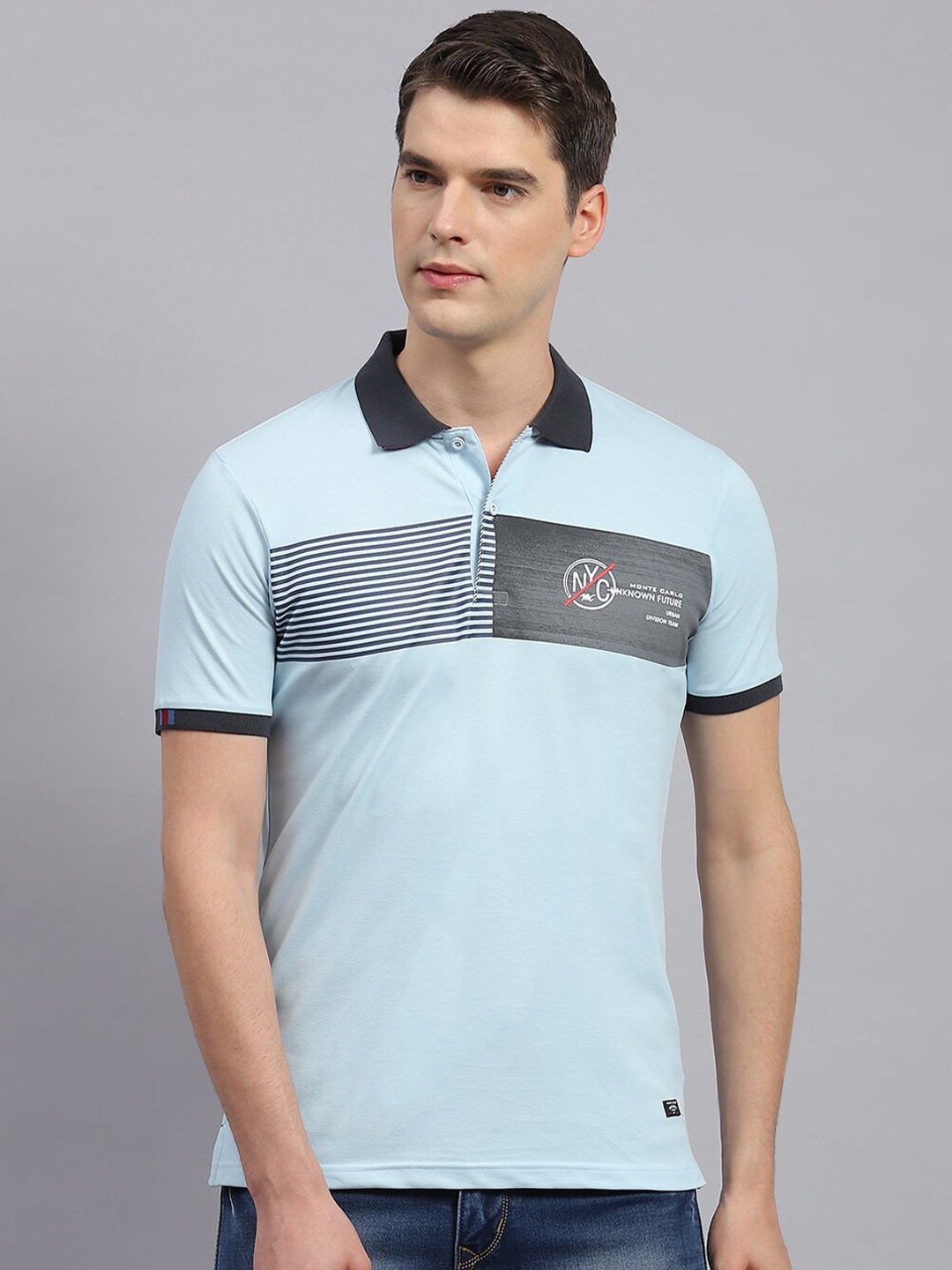 

Monte Carlo Striped Polo Collar Cotton T-shirt, Blue