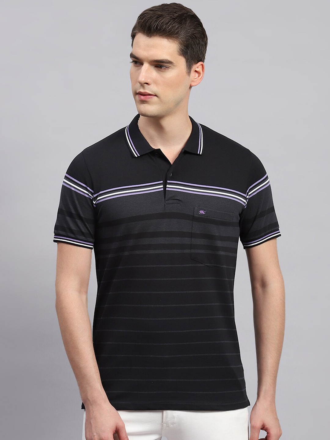 

Monte Carlo Striped Polo Collar Cotton T-shirt, Black