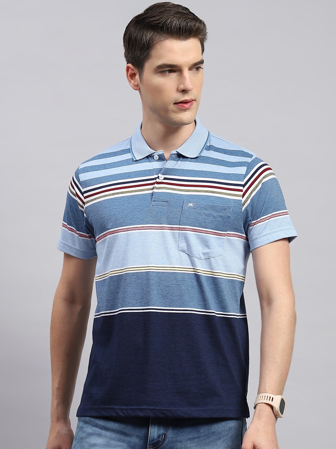 

Monte Carlo Striped Polo Collar Cotton T-shirt, Blue