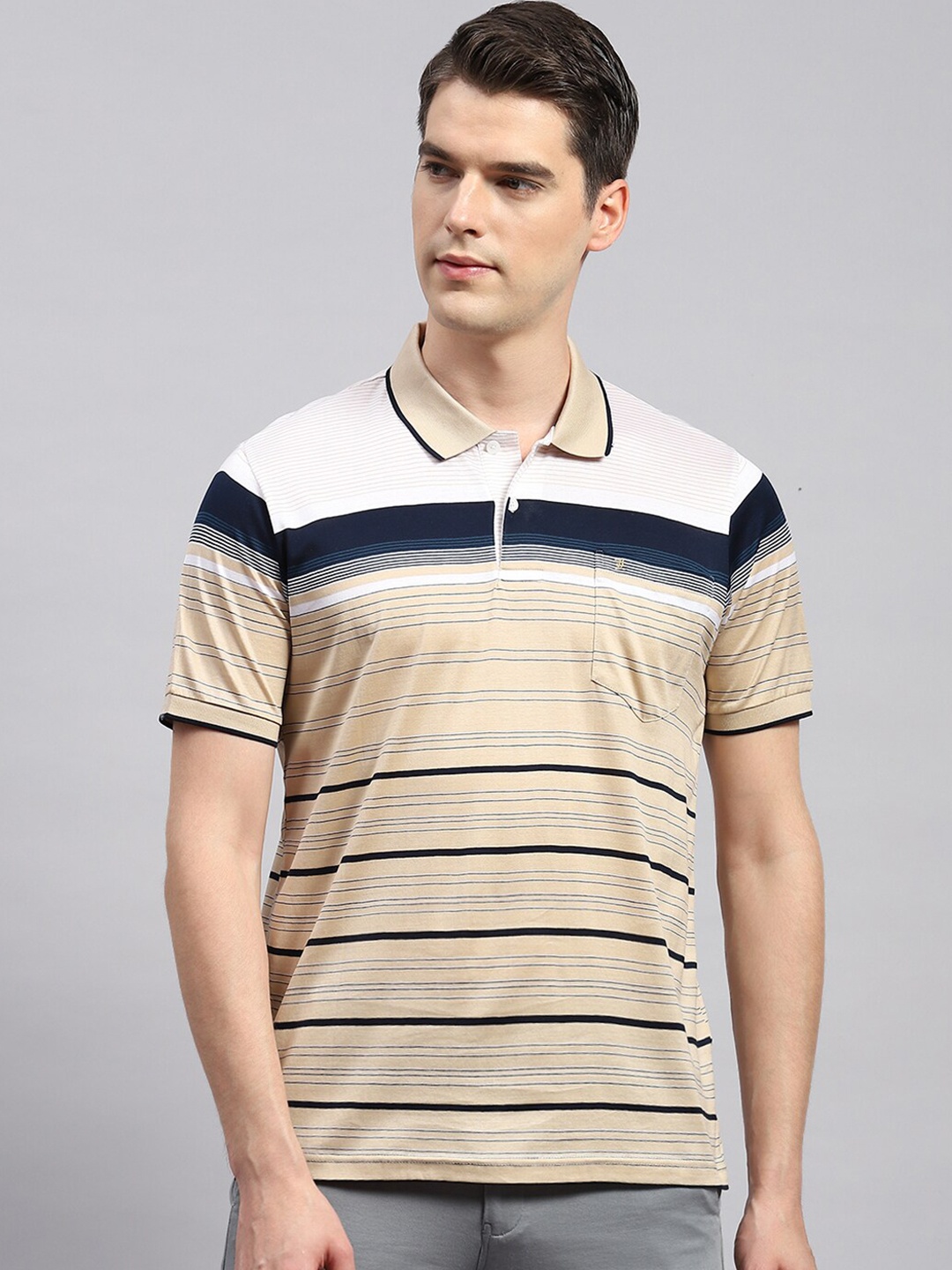 

Monte Carlo Striped Polo Collar Cotton T-shirt, Brown