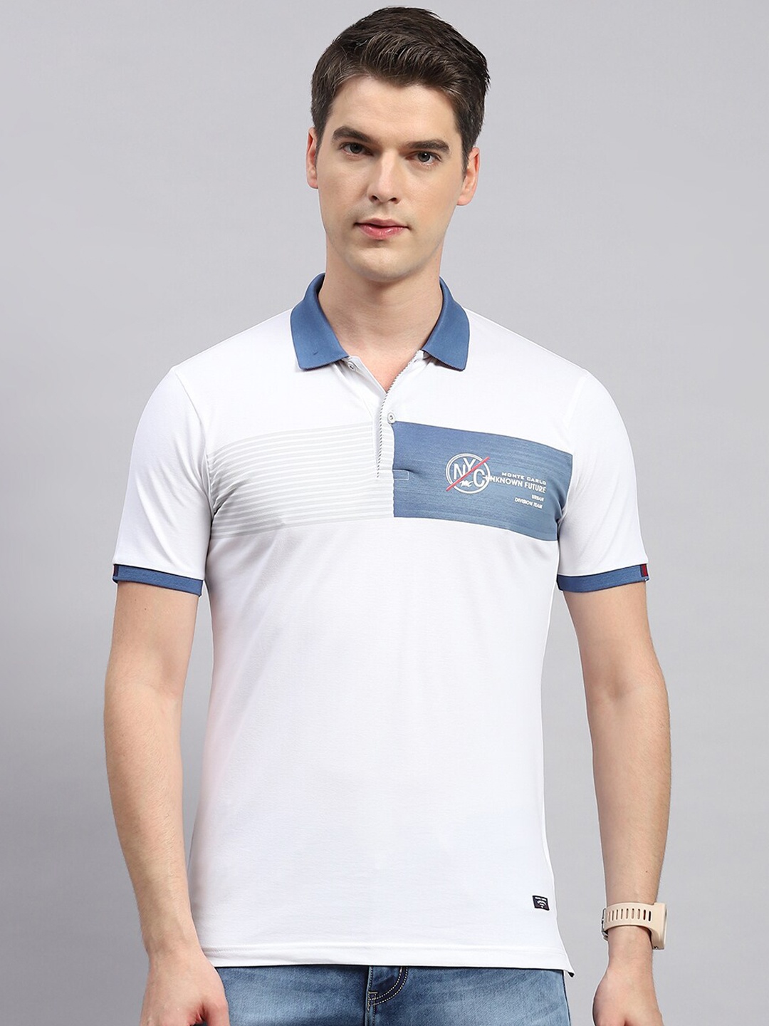 

Monte Carlo Graphic Printed Polo Collar Cotton T-shirt, White