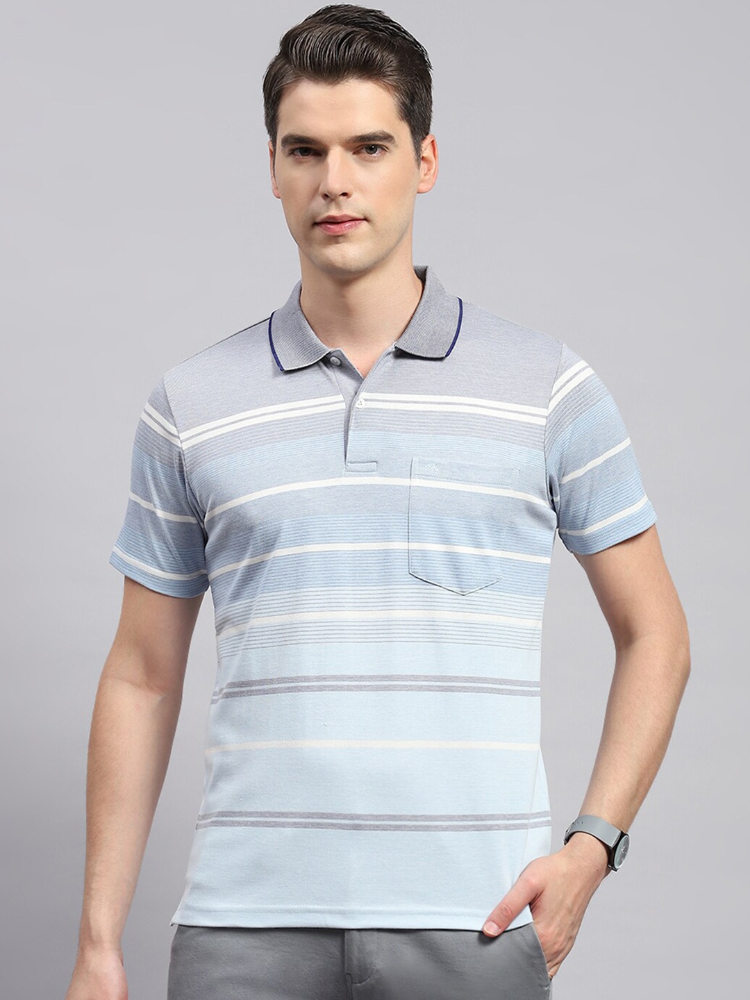 

Monte Carlo Striped Polo Collar Cotton T-shirt, Blue