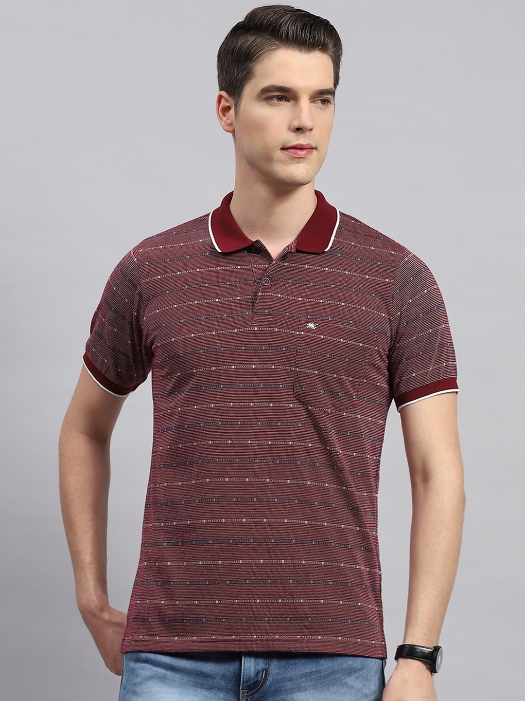 

Monte Carlo Striped Polo Collar Cotton T-shirt, Maroon