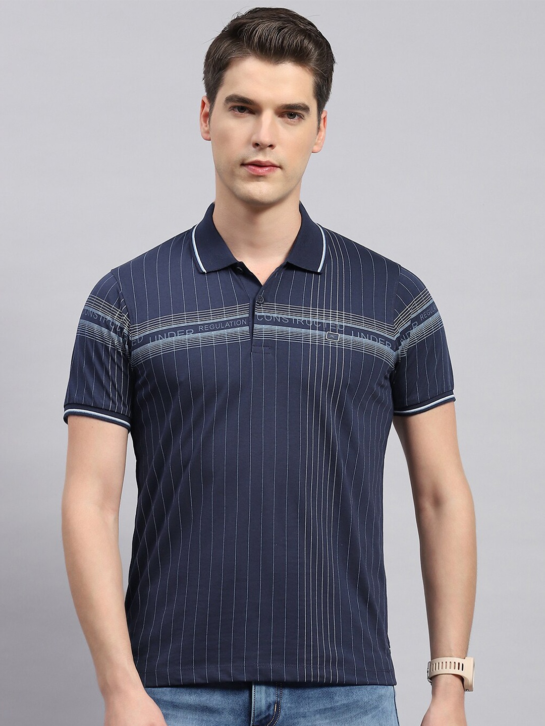 

Monte Carlo Striped Polo Collar Cotton T-shirt, Blue