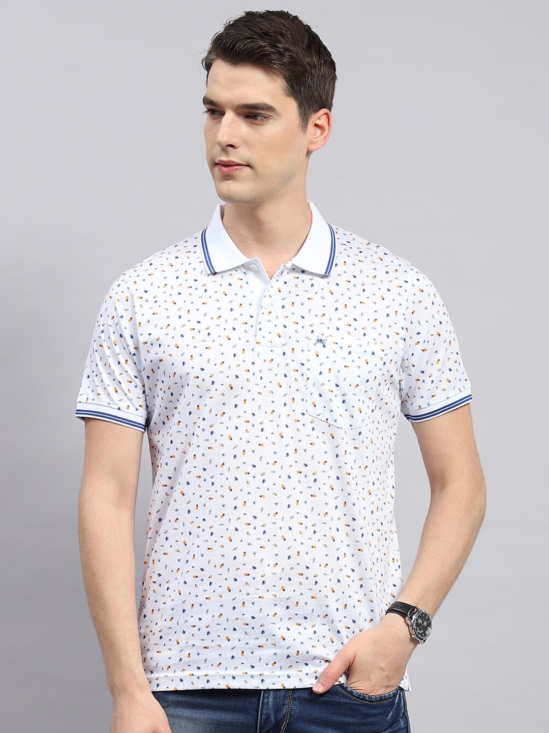 

Monte Carlo Conversational Printed Polo Collar Cotton Casual T-shirt, White